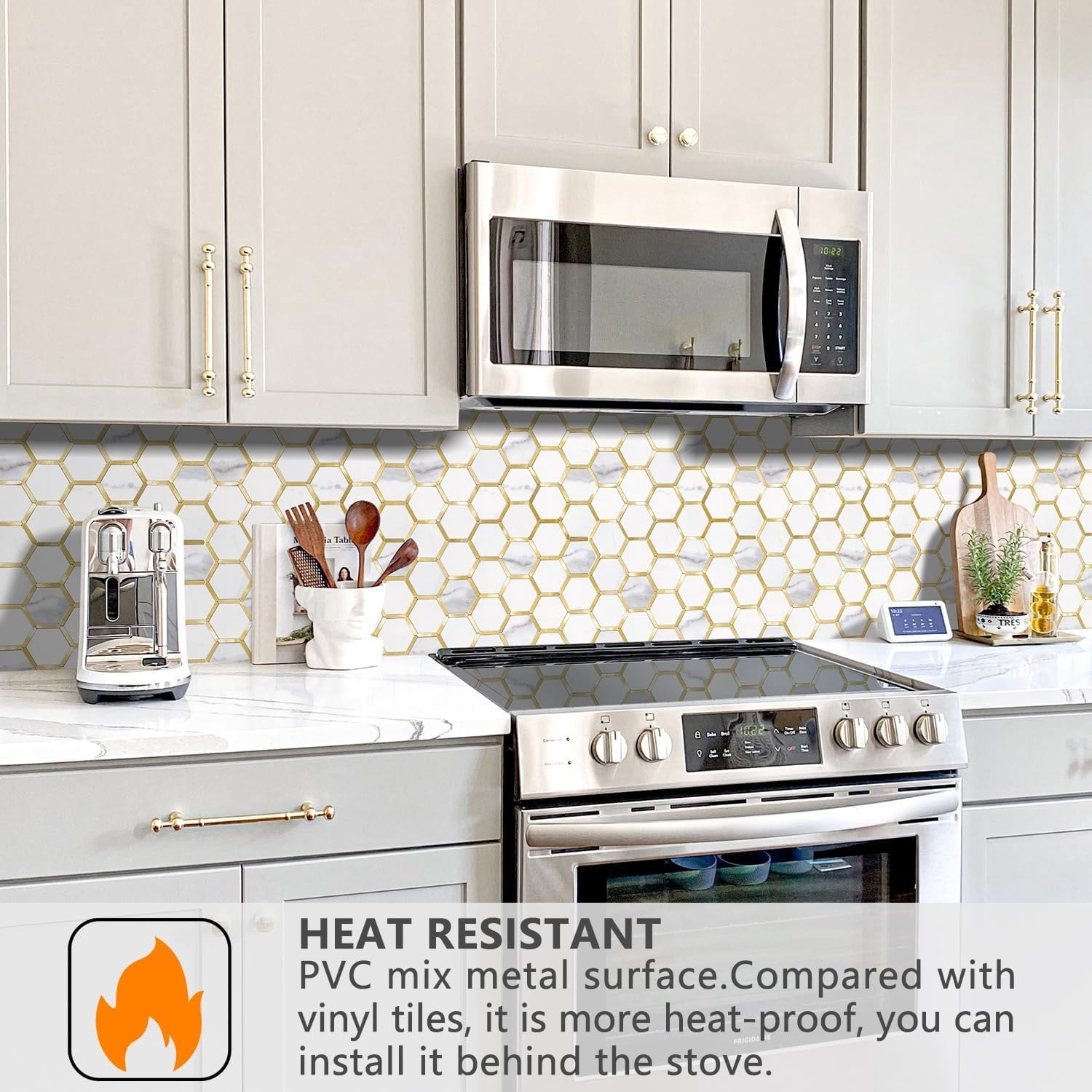 10-Sheet Hexagon Tile Peel and Stick Backsplash, White Marble Look PVC Mixed Golden Metal Mosaic Tiles for Kitchen and Bathroom