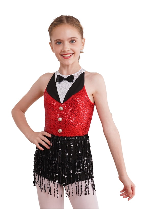 Kids Girls Latin Modern Jazz Dance Dress Sequins Tassel Tuxedo Ballroom Costume Dancewear Red 8