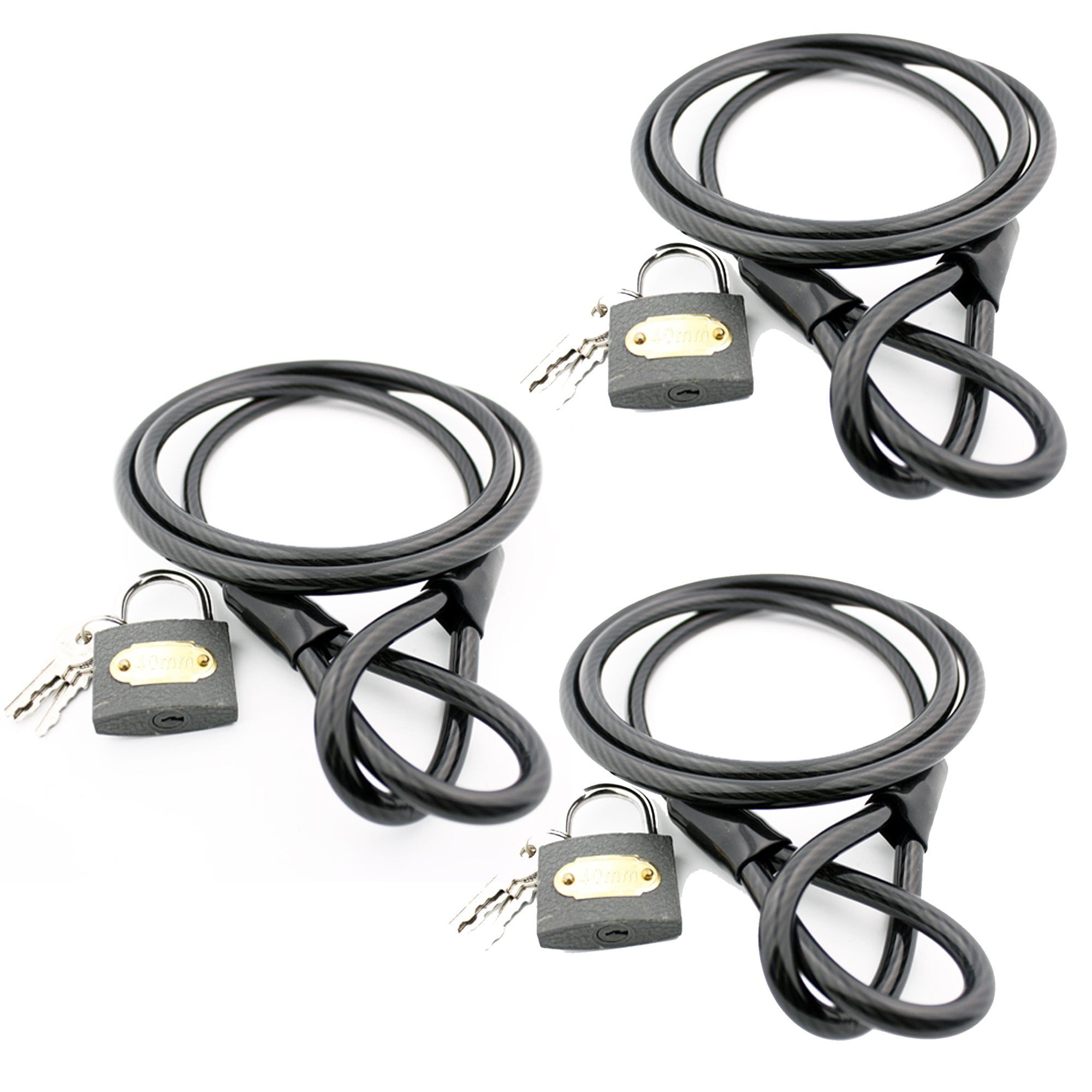 Wideskall 3-Pack 47' inch Bicycle Bike Braided Steel Cable Chain Looped End with 8mm Keyed Padlock Black
