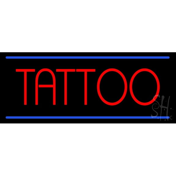 Red Tattoo Blue Border LED Neon Sign 13" Tall x 32" Wide - inches Black Square Cut Acrylic Backing, with Dimmer - Premium built indoor Sign for Storefront, Store interior, Workshop, Studio.