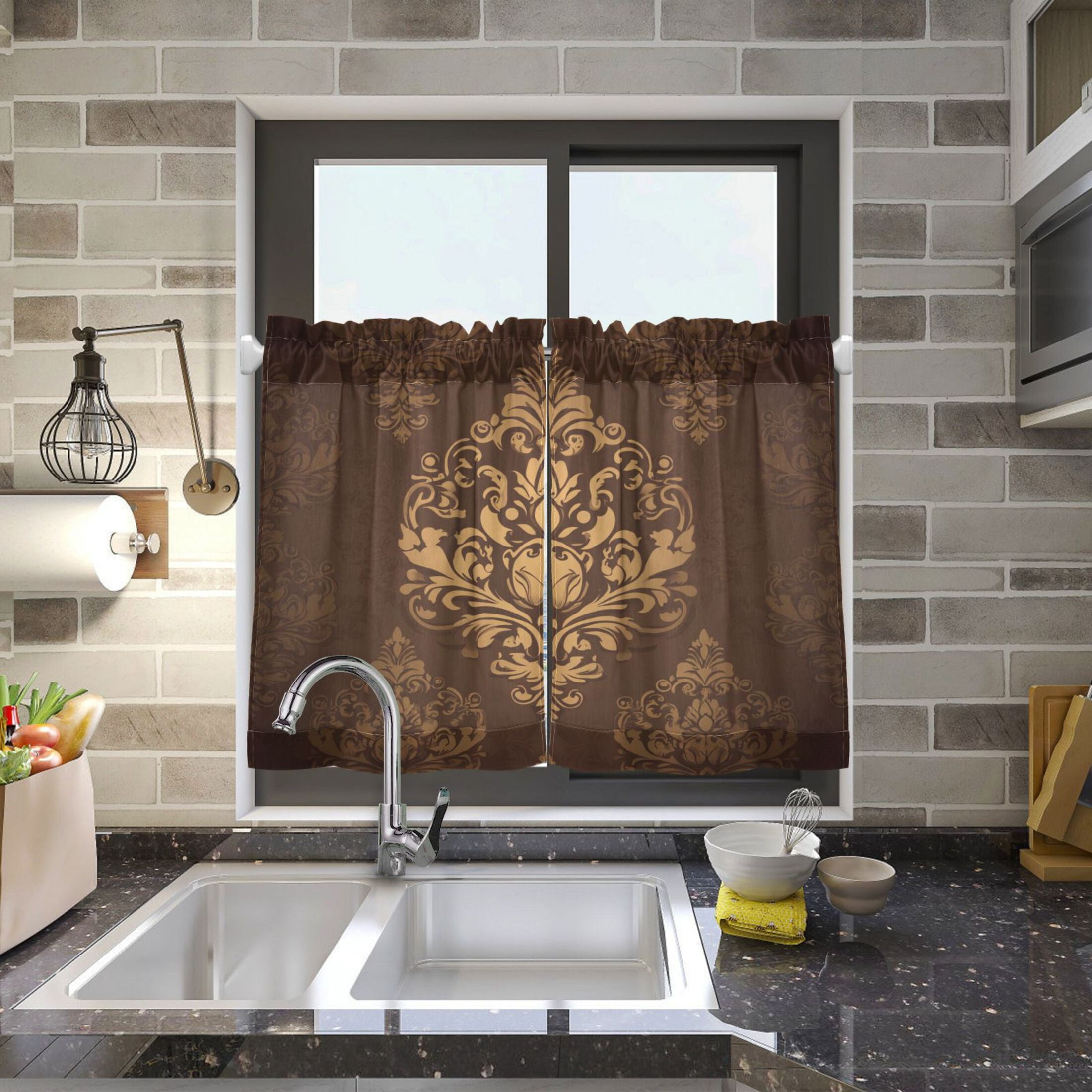Damask Pattern 27"x36" Linen Look Cafe Curtain Set with Privacy and UV Protection