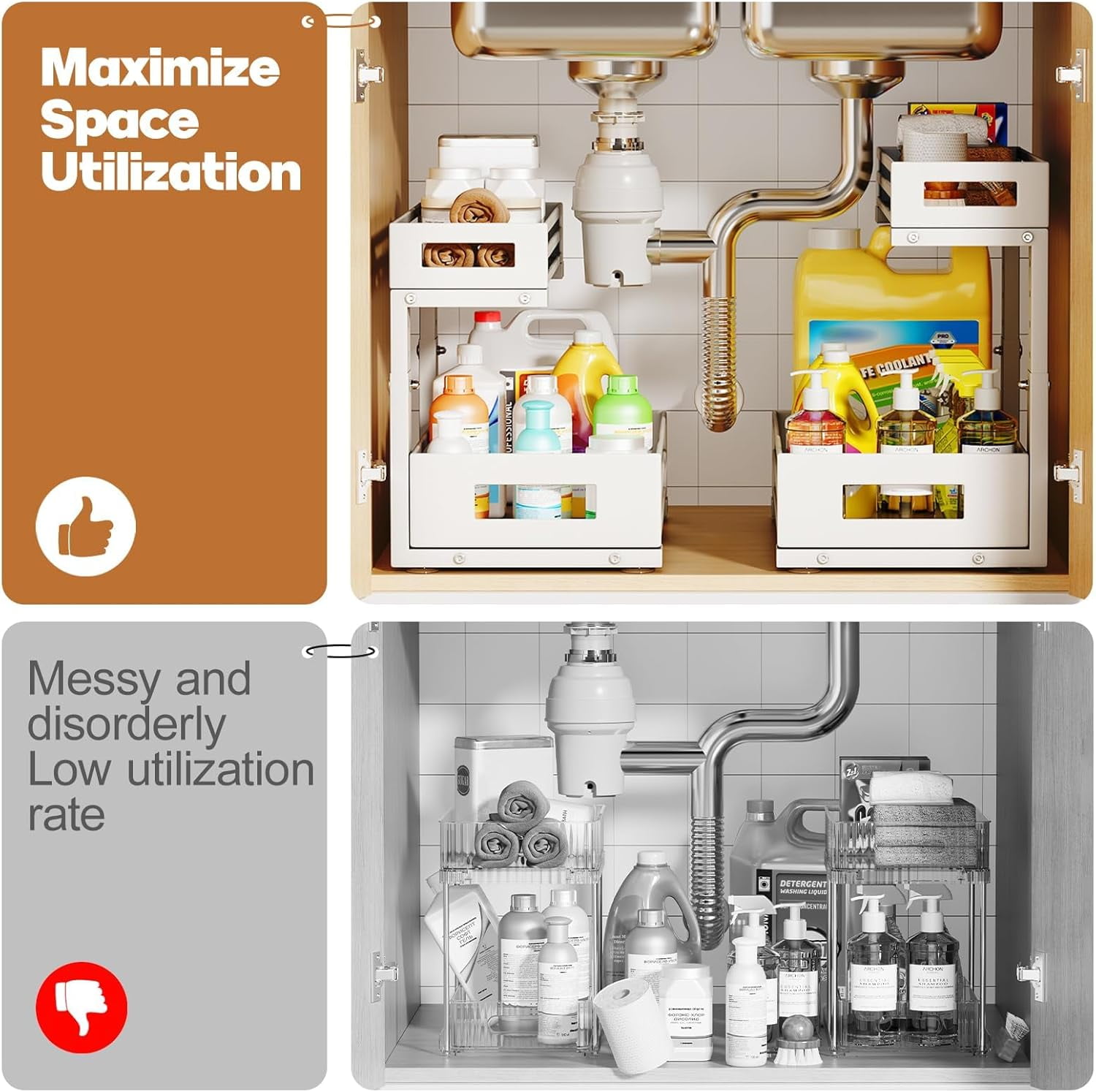 2-Pack Under Sink Organizers and Storage,2-Tier L Shape Pull Out Cabinet Organizer With Round Tube Slide Rails,Hight Adjustable Slide Out Drawers for Kitchen&Bathroom,Multi-Purpose StorageShelf-White
