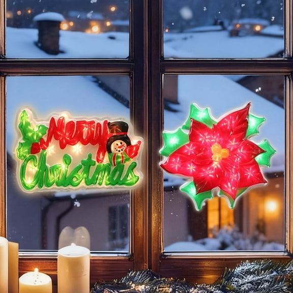 2-Pack Lighted Christmas Window Silhouette Decorations | "Merry Christmas" & Poinsettia Flower Designs | Indoor Decor for Window, Glass Wall