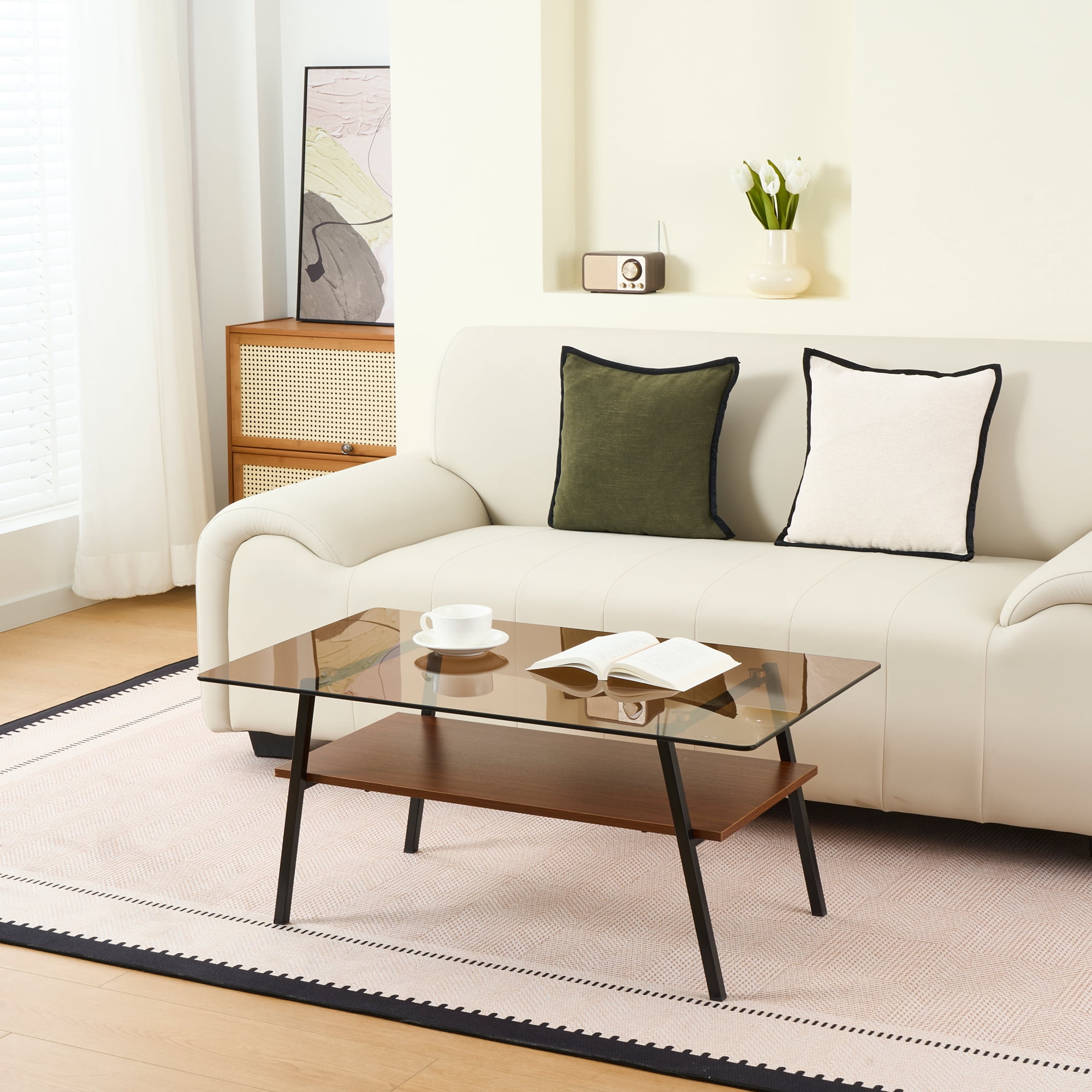 Euroco Rectangle Coffee Table, Tempered Glass Tabletop with Black Metal Legs, Modern Table for Living Room , Brown Glass
