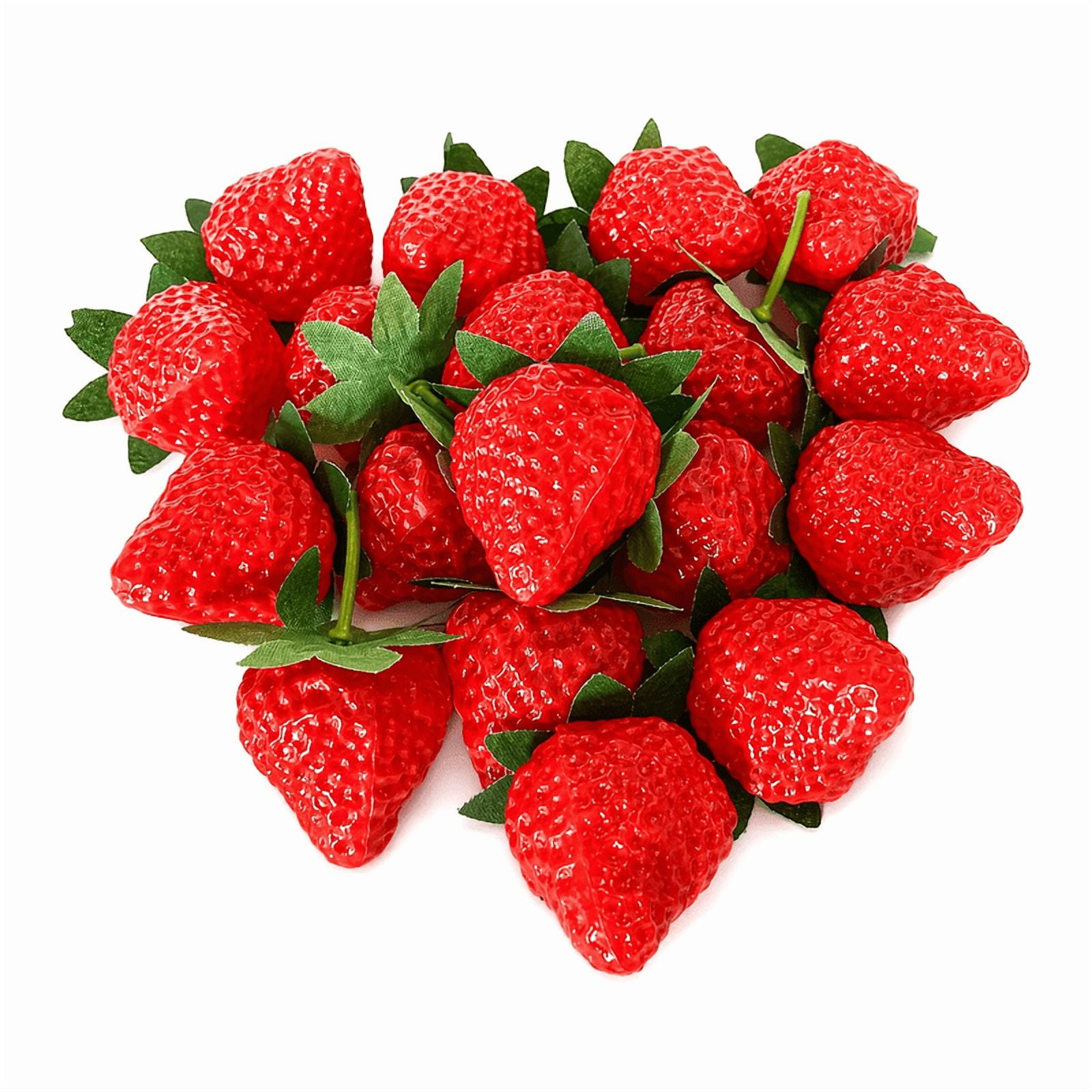 Realistic Red Plastic Artificial Strawberries with Green Leaves Lifelike Faux Fruit Decorations Fake Strawberry Props for Home Kitchen Wedding Party & Food Photography Display 18 Pack
