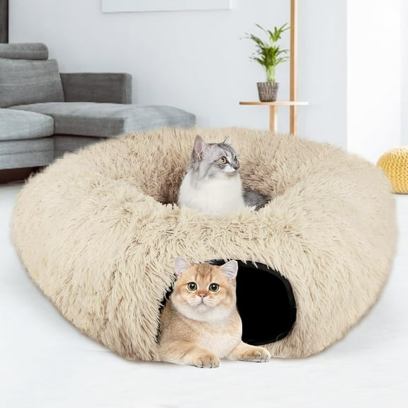 Plus Size Cat Tunnel Bed, Foldable Cat Donut Tunnel with Fluffy Toy Balls and Washable Pads, Multifunctional Cat Toys, 35.4" Round, 10.5" Wide Inside
