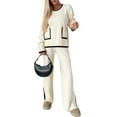thumbnail image 2 of Women'S 2 Pcs Set Casual Long Sleeve Knit Pullover Top and Wide Leg Pants Sweatsuit Lounge Sets White L, 2 of 10