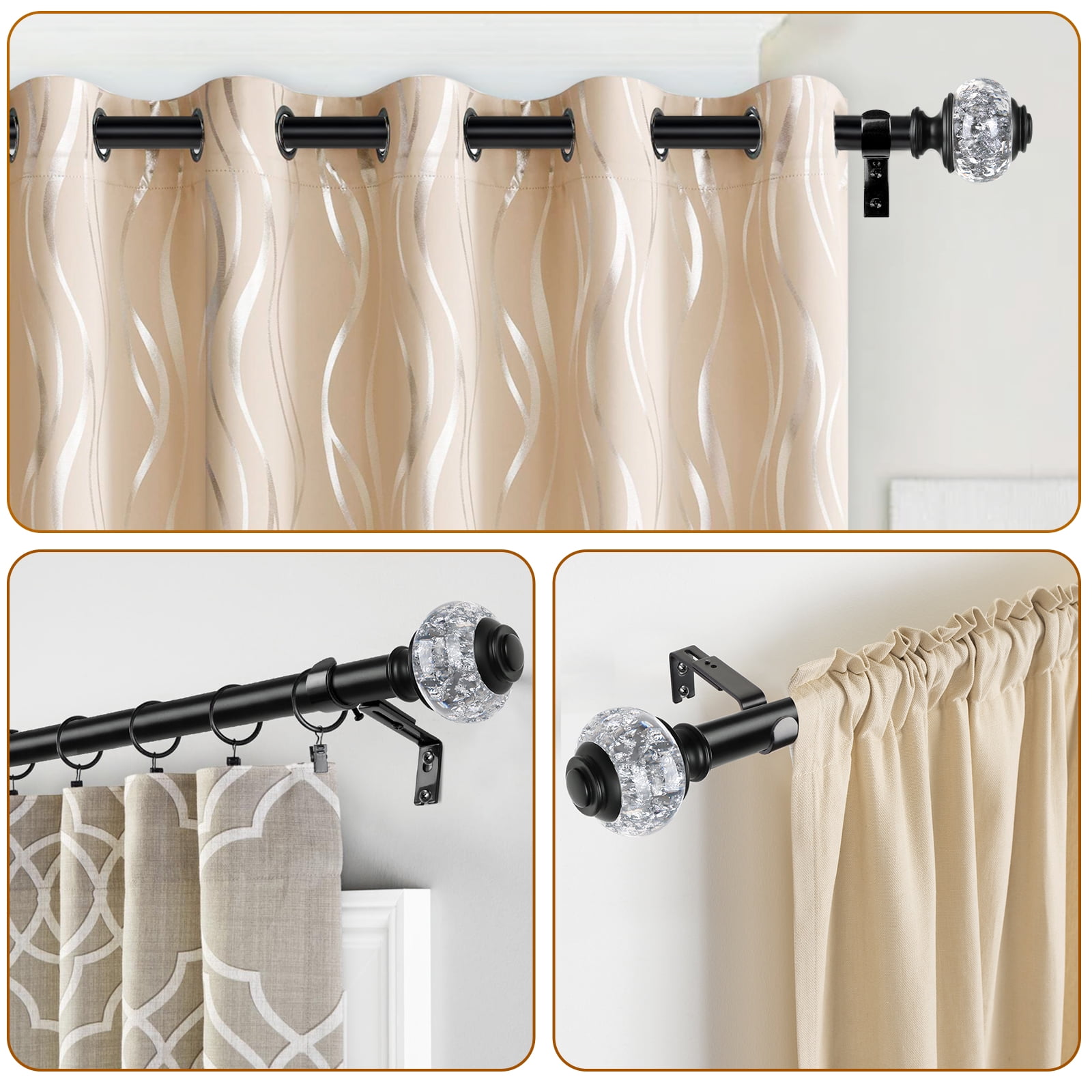 KAMANINA 7/8" Adjustable Single Curtain Rod with Translucent Finial, 28 - 48", Black