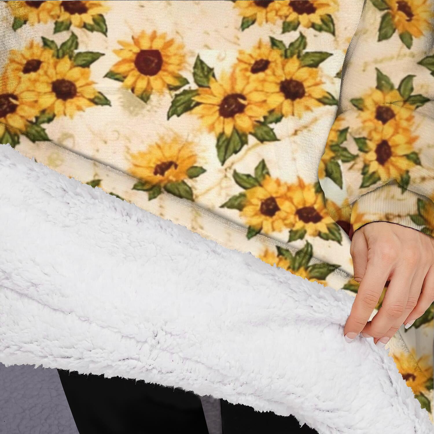 Oversized Wearable Blanket Hoodie,Beige Sunflower Cluster Pattern Sherpa Blanket Hoodie with Super Pockets,Super Warm Fuzzy Pullover for Women & Men