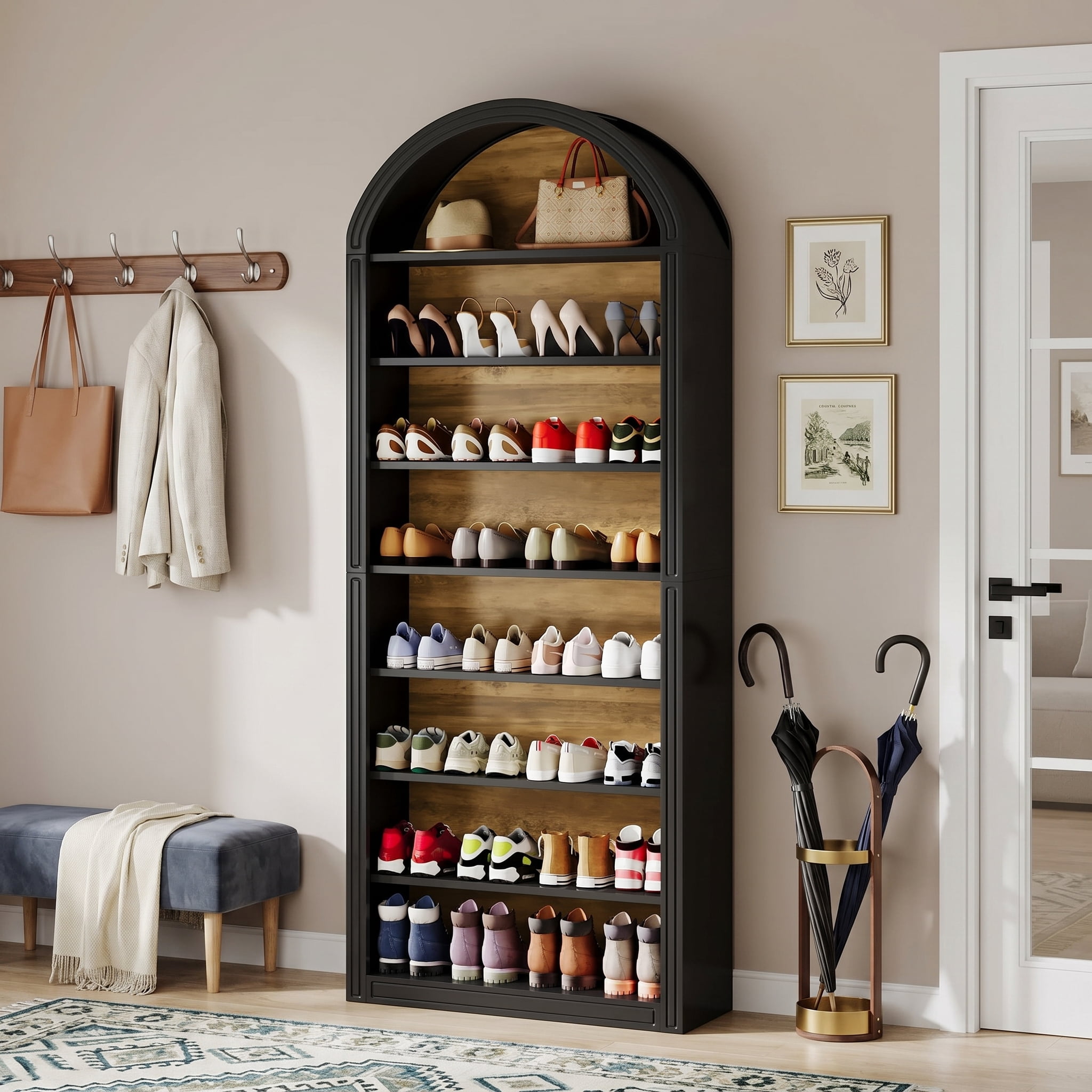Fnova 79.5" Arched Shoe Storage Cabinet, 8-Tier Wooden Shoe Organizer Rack for 35 Pairs, Adjustable Shelves, Black