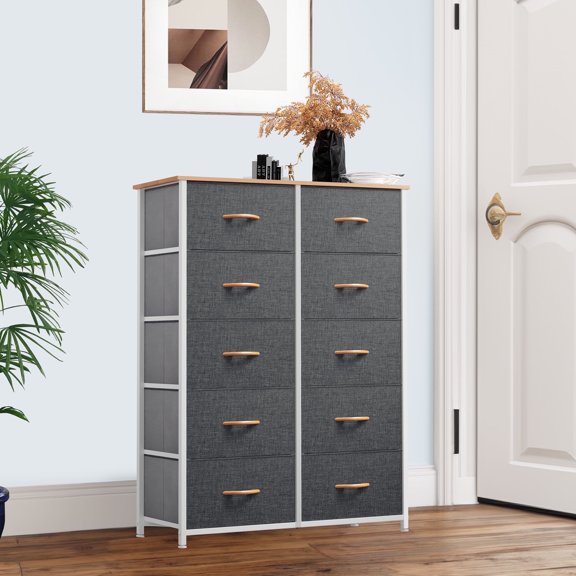 Dextrus 10 Drawers Dresser Fabric Storage Tower Cabinet Bin Storage Organizer for Closets Bedrooms Room, Gray