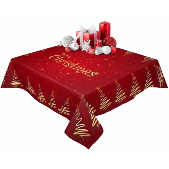 Christmas Tablecloth Round Tablecloth 60x60inch, Red Gold Holiday Tablecloth Farmhouse Vinyl Table Cloth Waterproof Oilcloth Table Linens, Washable Tablecloths for Dining Party(Winter Christmas Tree)