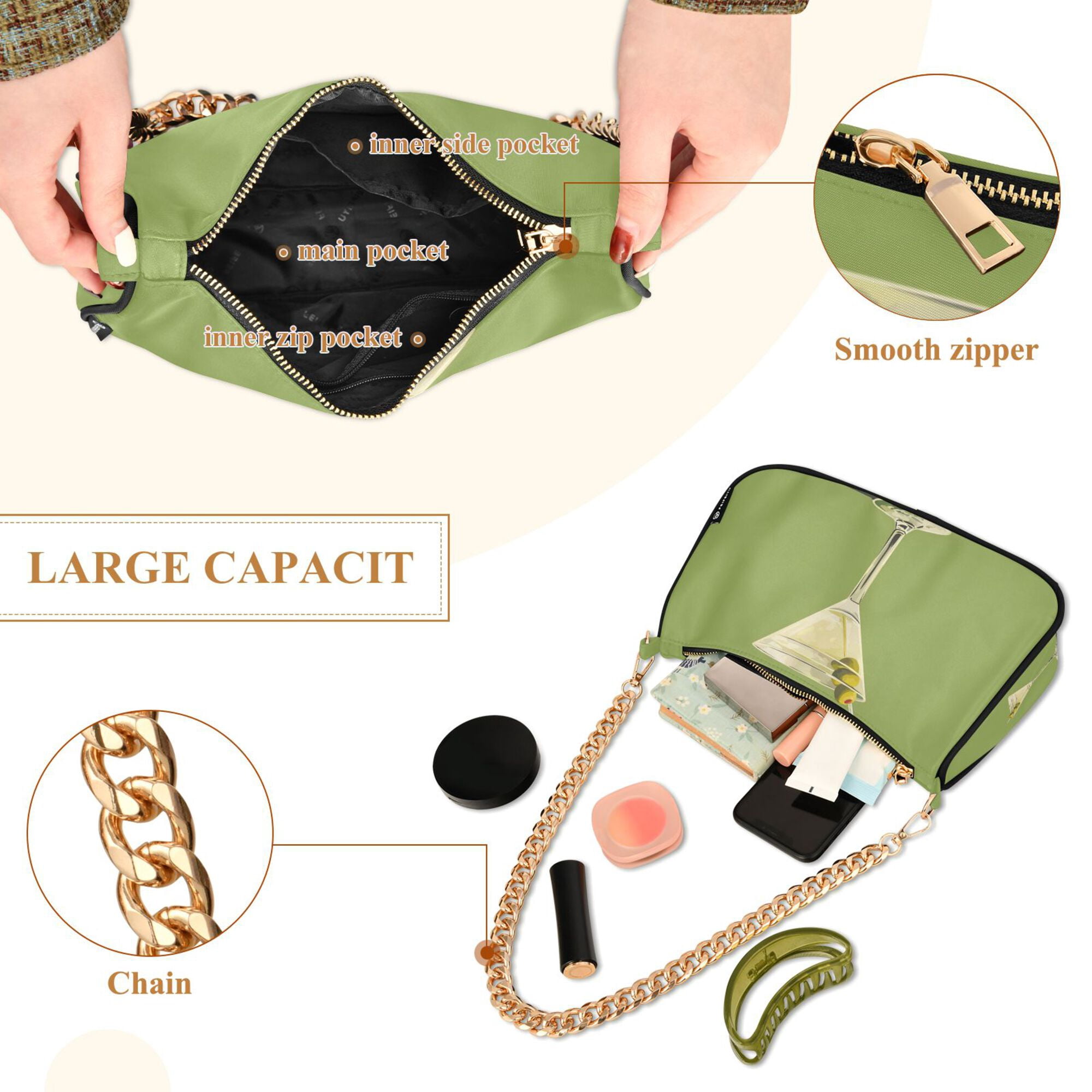 FORMRS Womens Shoulder Bag with Chain Strap Clutch Purse Cute Tote Handbag, Martini with Olive