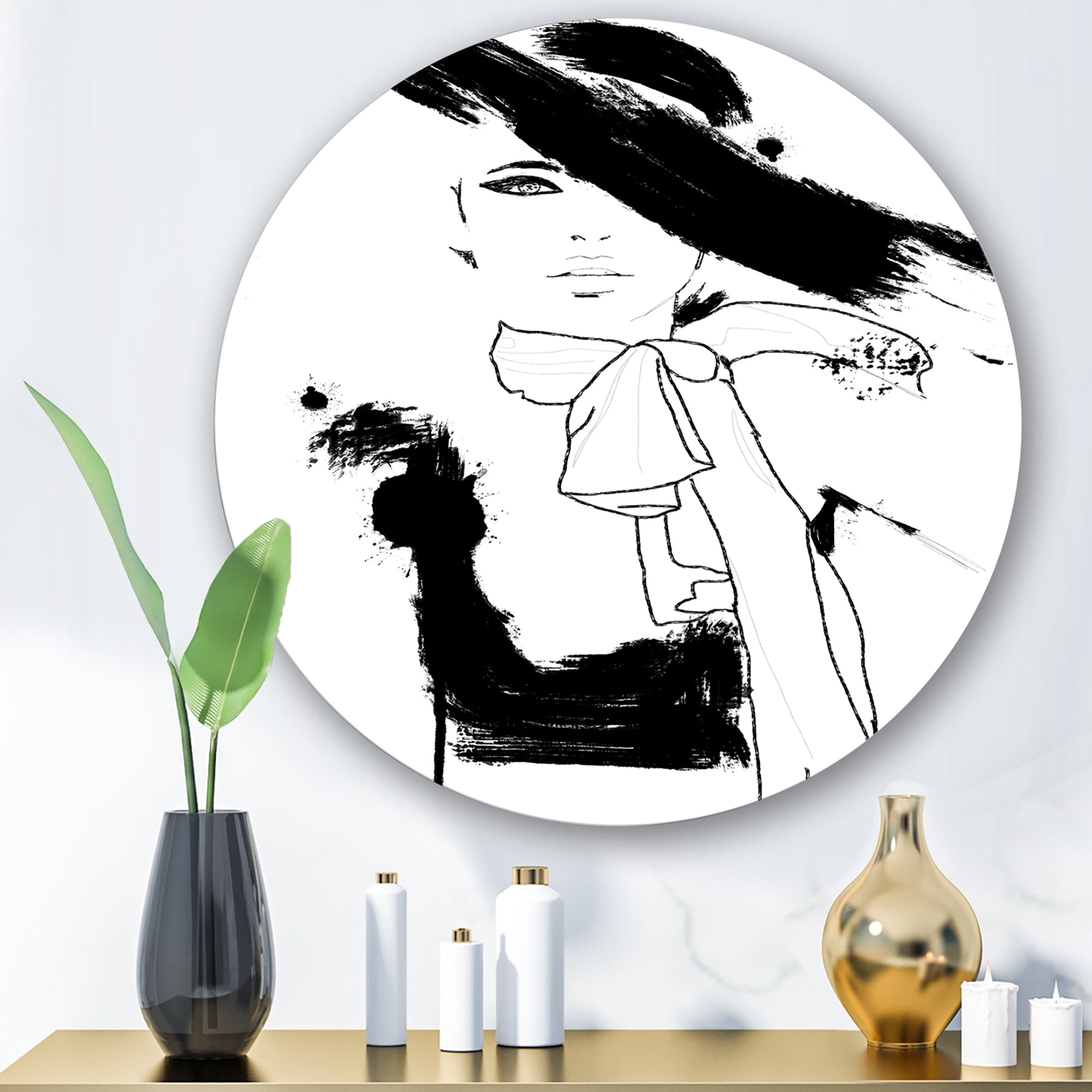 Designart 'Beautiful Black and White Model Haute Couture Fashion Woman II' Modern Circle Metal Wall Art 23x23 - Disc of 23