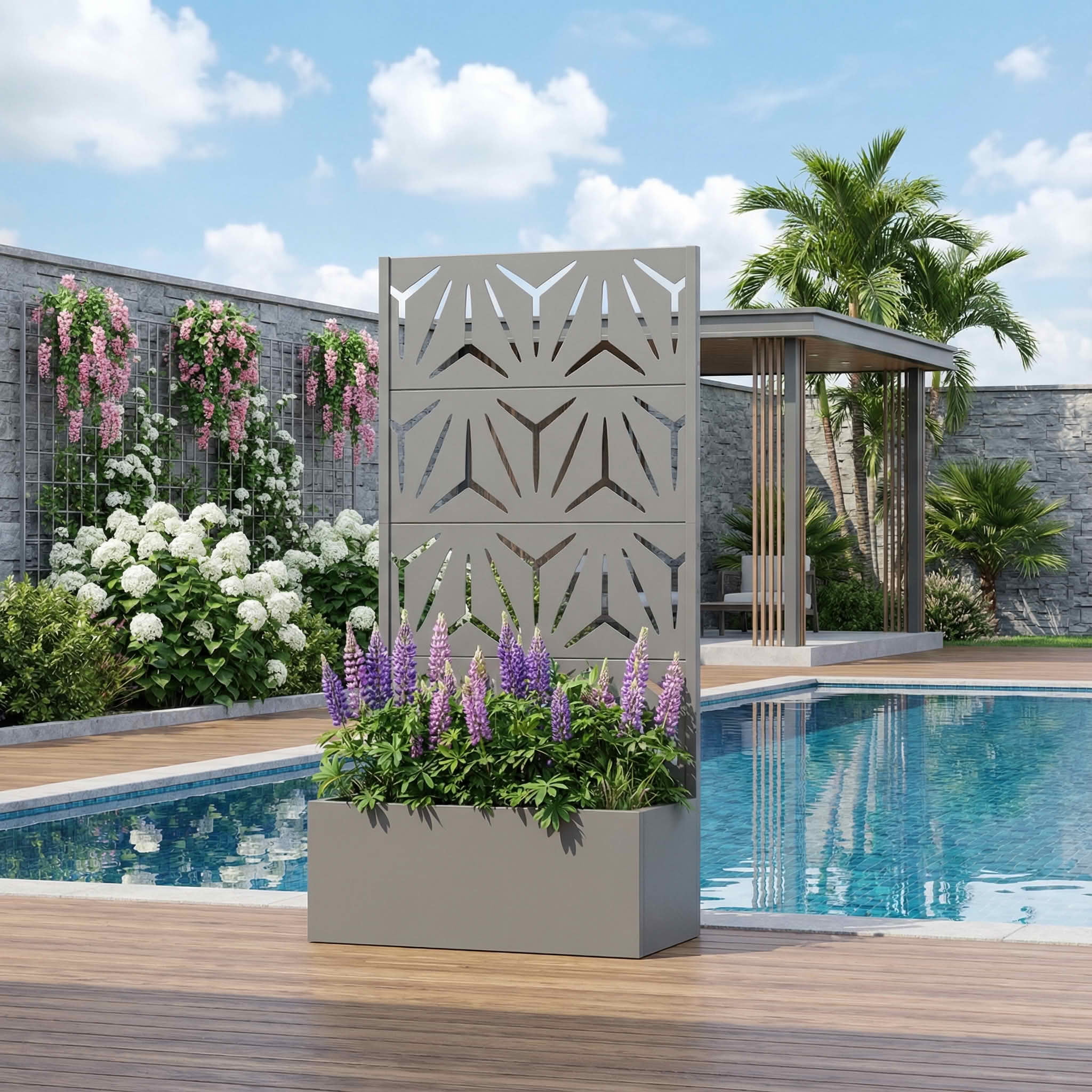 MAYEERTY 59X30" Metal Outdoor Gray Privacy Screen with Planter Box for Backyard & Garden, 4 Piece Set
