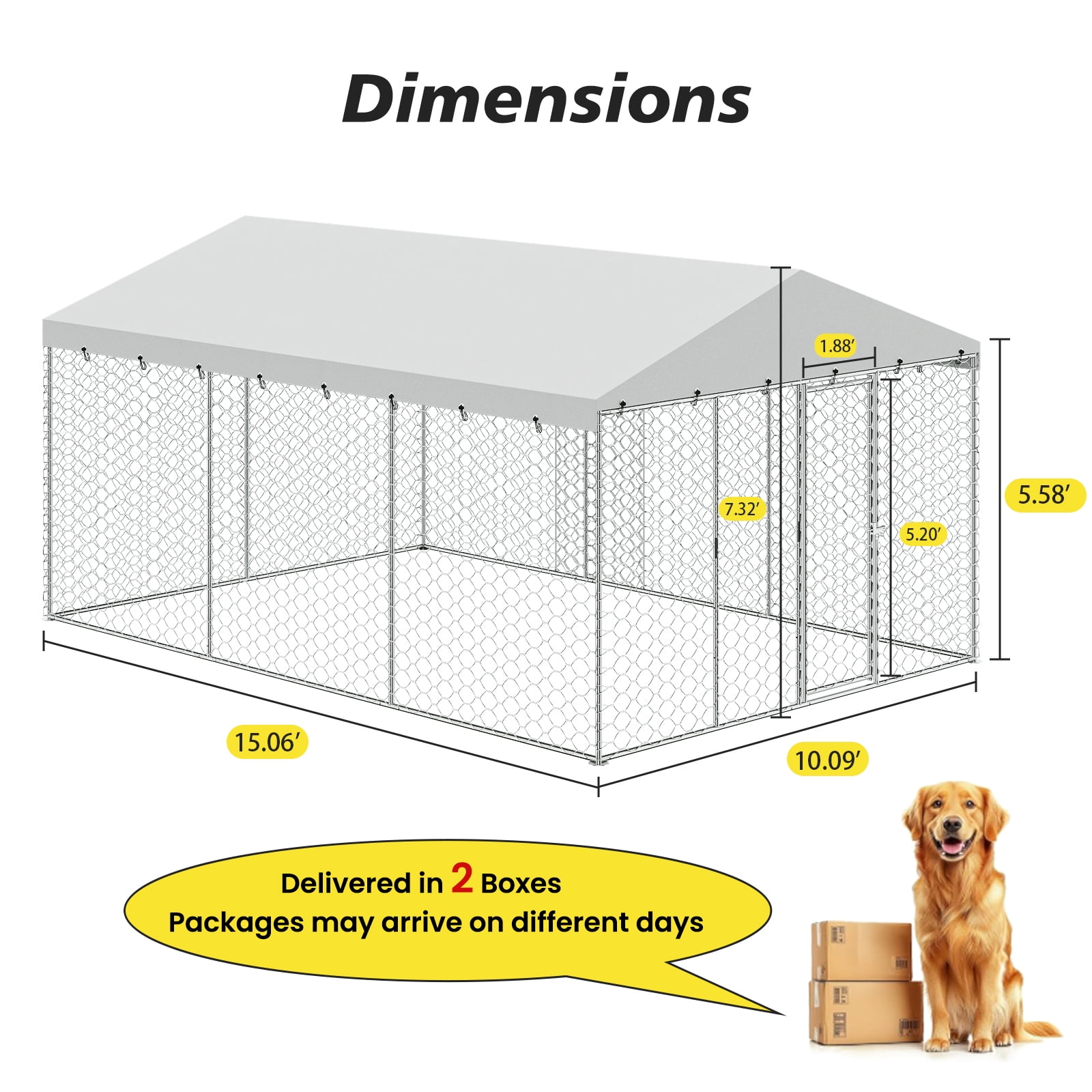 15x10 FT Large Outdoor Dog Kennel with Canopy,Heavy Duty Galvanized Steel,Waterproof Cover,Escape-Proof Lockable Playpen for Large Dogs & Multiple Pets