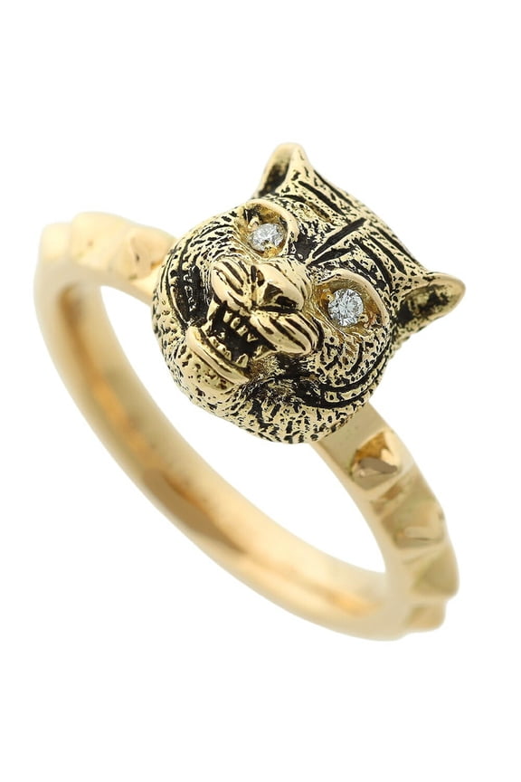 Pre-Owned Gucci Le March des Merveilles Cat Ring, 18K Yellow Gold, Melee Diamonds, Size #9...