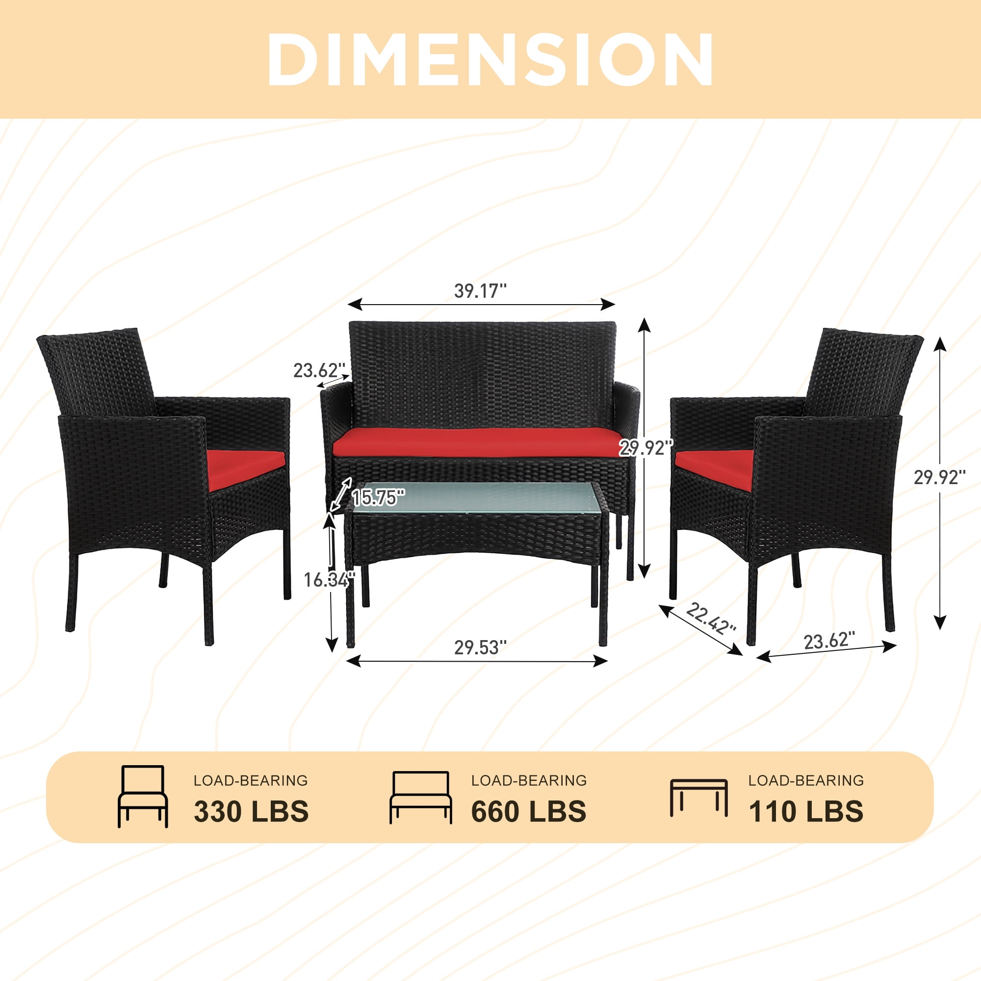 Tappio 4 Piece Patio Conversation Wicker Furniture Set, Porch Furniture Outdoor Sectional Furniture Set w/Coffee Table & Cushions Wicker Sofa Garden Conversation Set for Yard Pool Backyard, Black/Red