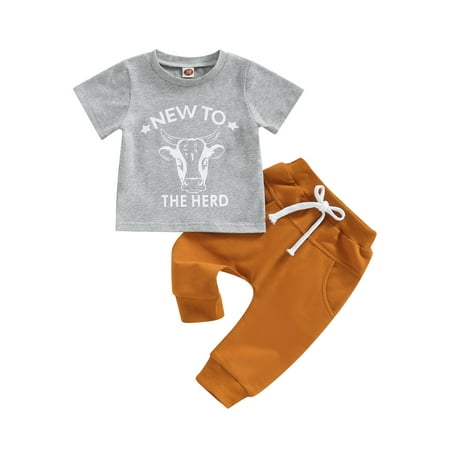 

Arvbitana 0-3 Years Infant Baby Boy Set Cow Head Letter Print T-Shirts Tops and Elastic Waist Long Pants 2Pcs Outfits Set