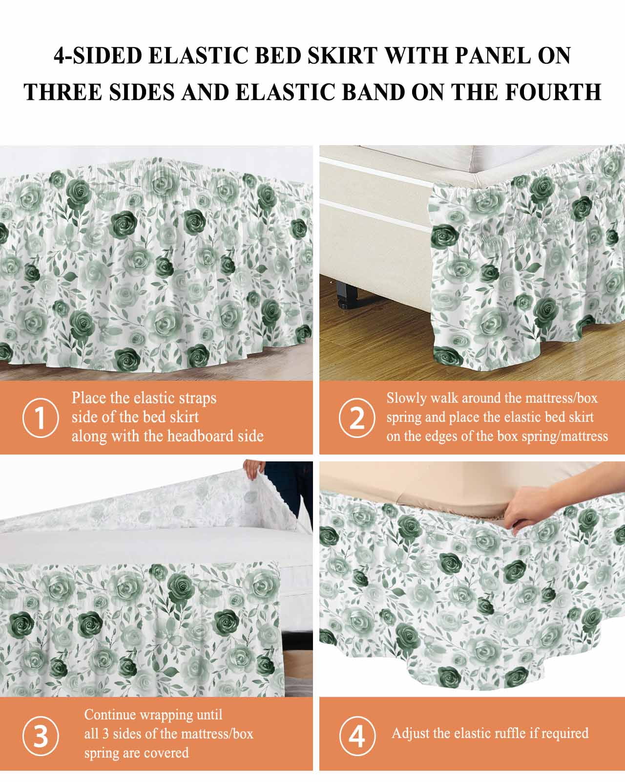 Sage Green Flower Wrap Around Bed Skirts for Queen Bed 16" Drop,Bed Skirt with Adjustable Elastic Belt Dust Ruffle Bed Valance for Bedroom Hotel Vintage Rose Floral Botanical Leaf Bed Frame Cover
