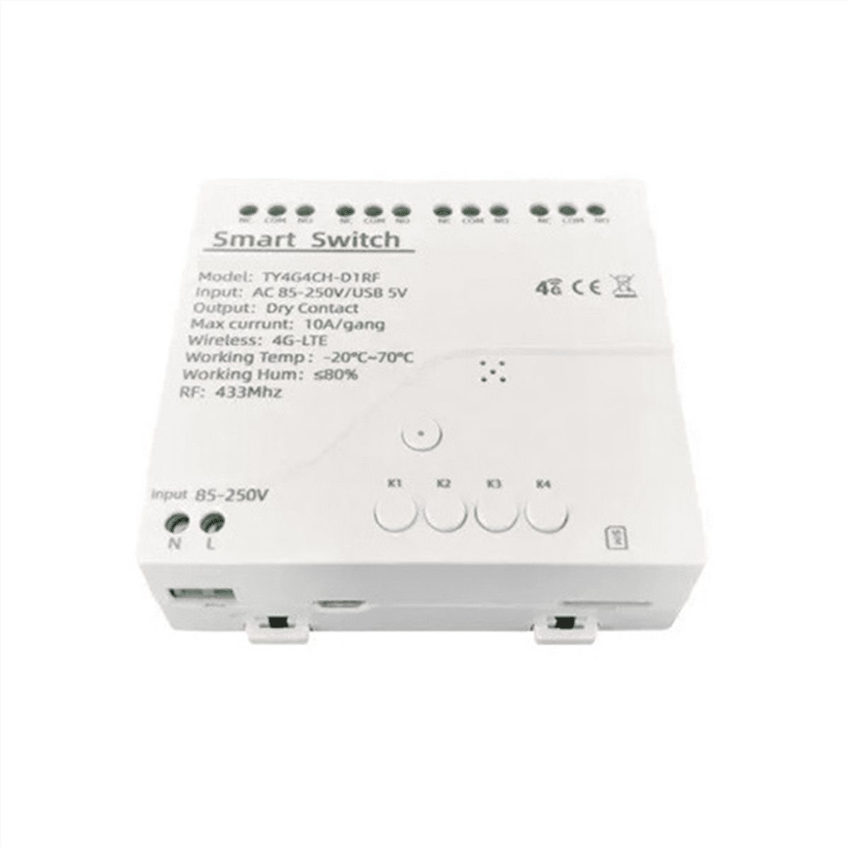 Tuya Smart Switch 4G LTE Relay with 433Mhz Smart GSM Switch APP Wireless Control 4G 4CH Remove Controller AC 85-250V,1 x Smart Switch,White