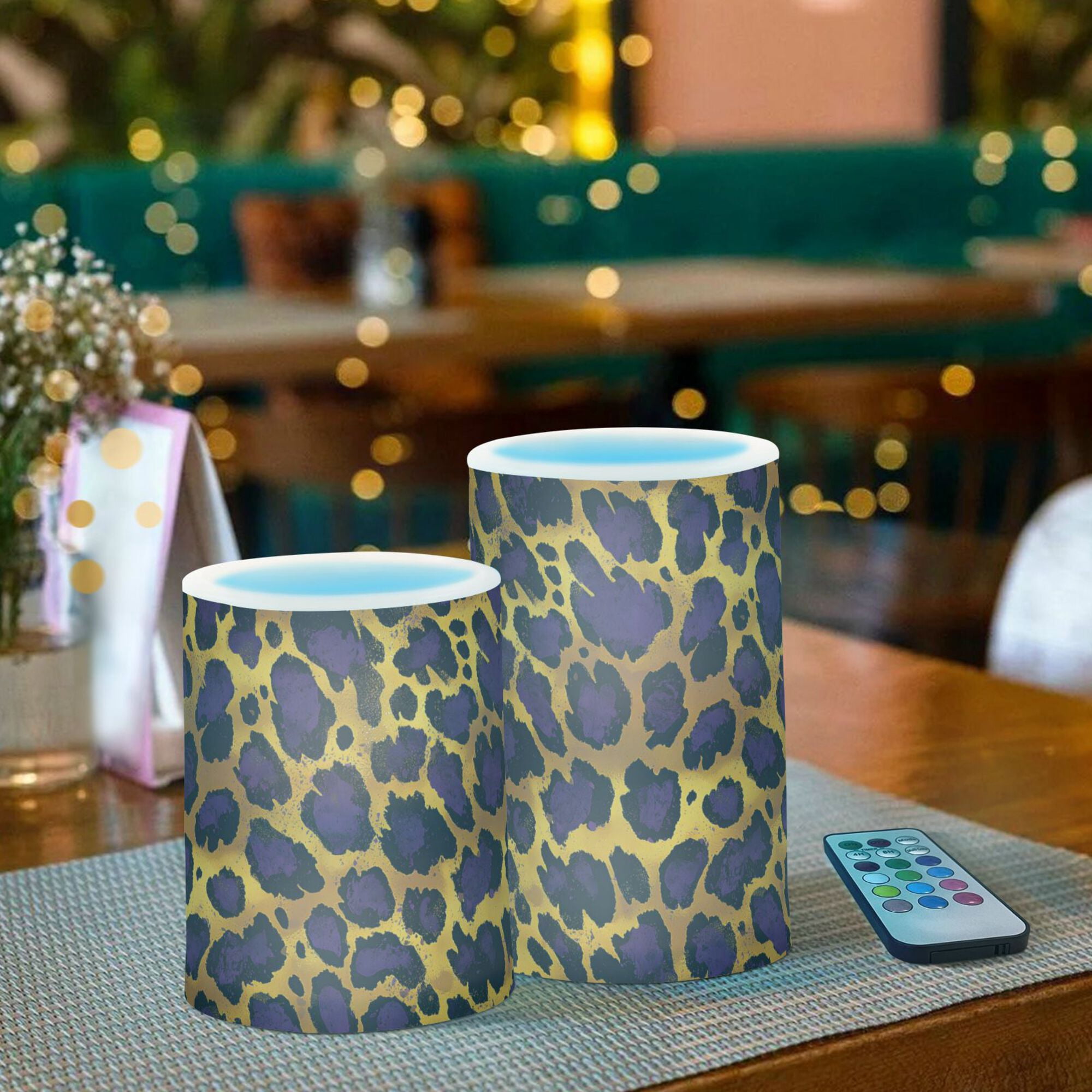 Yayeee Flameless Candles with Remote Flickering Battery Operated Multi Color Changing, Purple Leopard Print