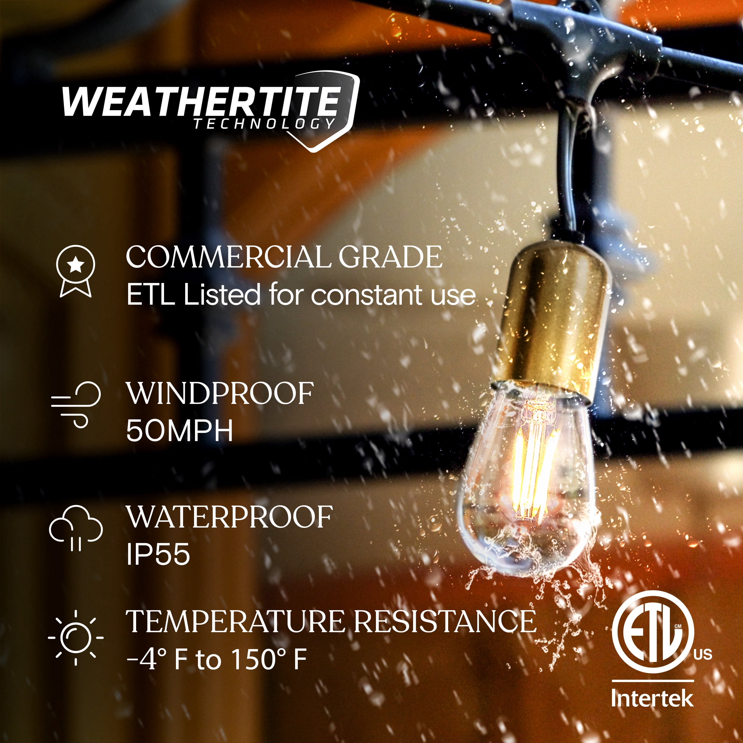 Brightech Glow LED String Lights - 48 Ft Commercial Grade Patio Lights with Beautiful Brass Accents - Outdoor Waterproof Globe Porch String Lights for Outside, Backyard, Gardens - 15 2W LED bulbs