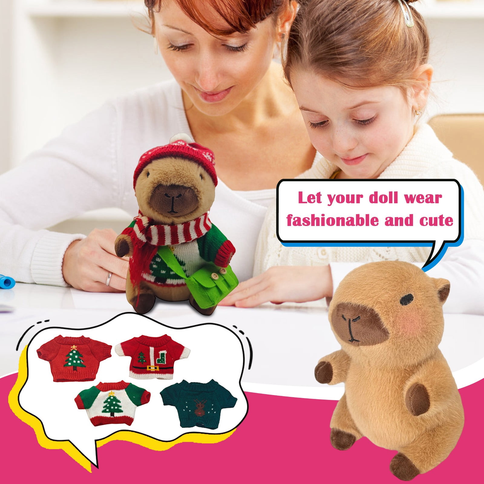 9.84" Capybara Plush Toy Set (11Pcs) - 1*Plush Dolls & 4*Clothings & 2*Head Covers & 2*Bags & 2* Scarves - Cuddly Soft Huggable Stuffed Animals Toy Pillows, Perfect Gifts for Women Teens & Fans