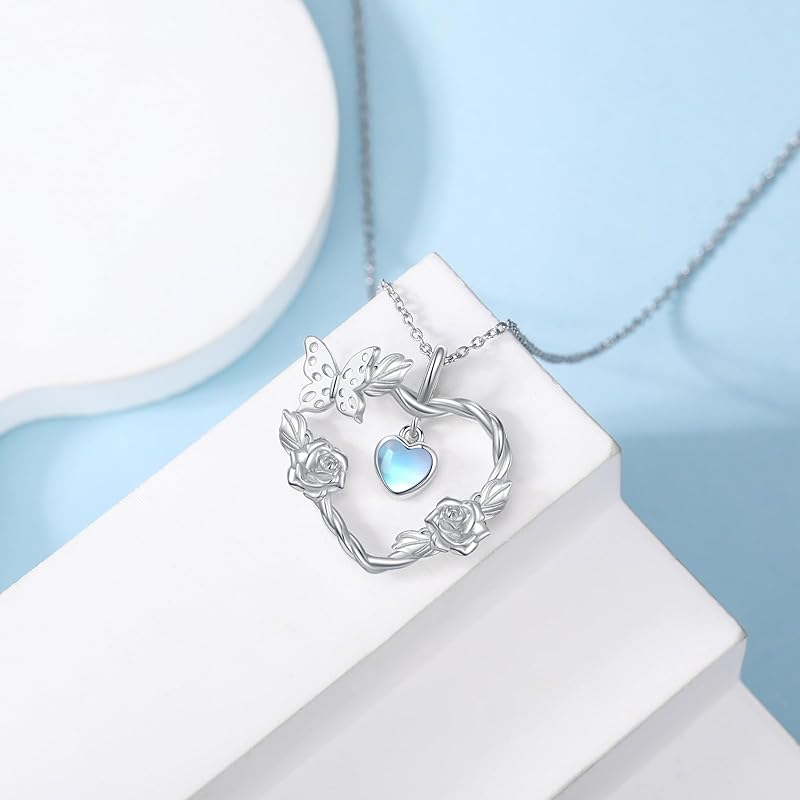 SISGEM Natural Moonstone Butterfly Pendant Necklace for Women 925 Sterling Silver Moonstone Gemstone Jewelry for Her