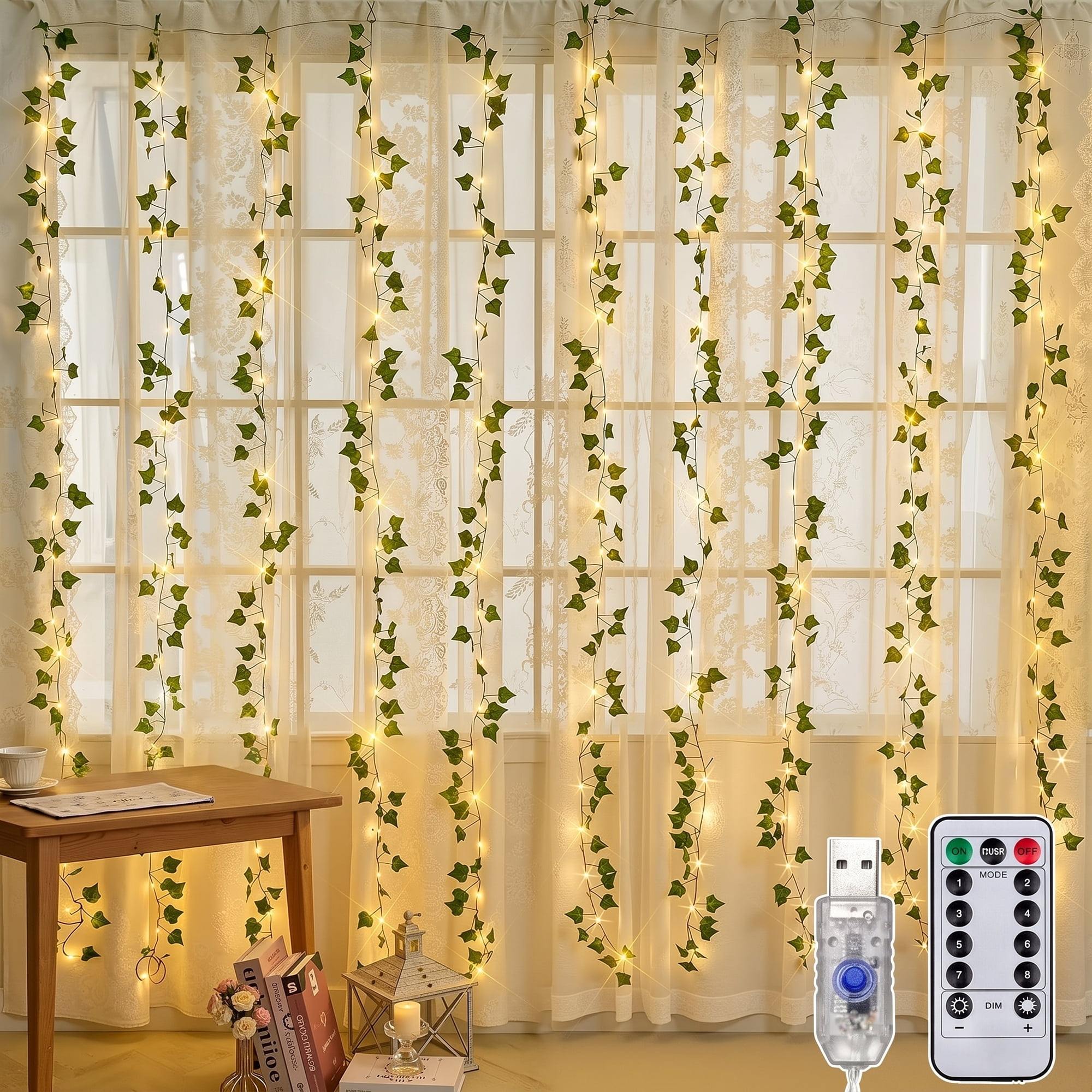 DAYBETTER Ivy Curtain String Lights, 200 LED USB Powered Hanging Artificial Plant Fairy Lights with 8 Modes, for Wedding Party Holiday Decor (9.9 x 6.6FT)