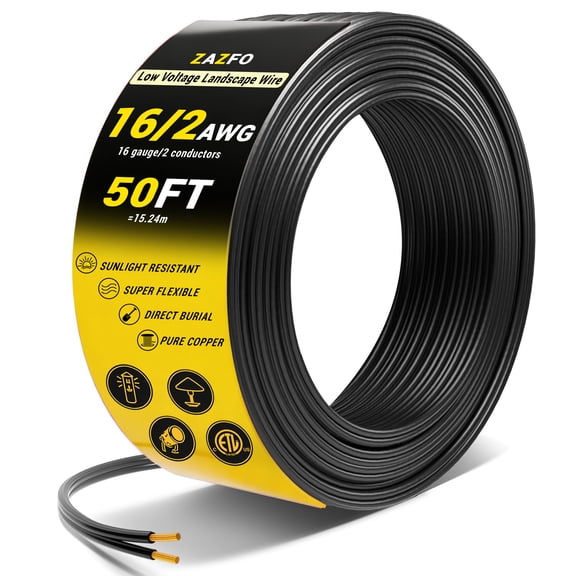 ZAZFO 50FT 16/2 Low Voltage Landscape Wire, 16AWG 2-Conductor Pure Copper Cable, Waterproof Direct Burial Outdoor Wire for Garden Path Lights, ETL Listed