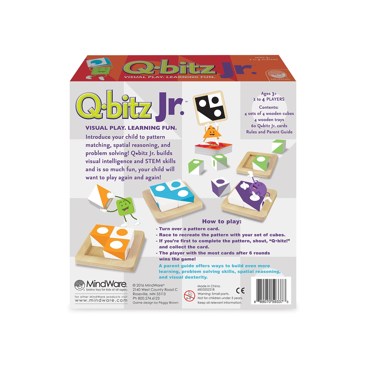 MindWare Q-bitz Jr. Game - 60 Pattern Cards, 4 Wooden Cube & Tray Sets -  Visual Play & Learning Fun for Kids - 1 to 4 Players - Ages 3+ 