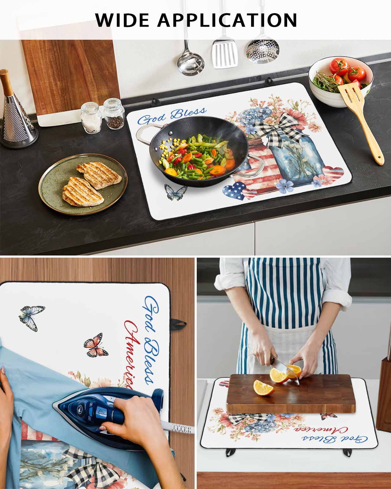 nqOlkjepod Large Induction Cooktop Protector Mat 24"x21", 4th of July Stove Top Covers for Electric Stove, Independence Day Spring Floral US Flag Stove Burner Cover Mats, Glass Top Stove Cover