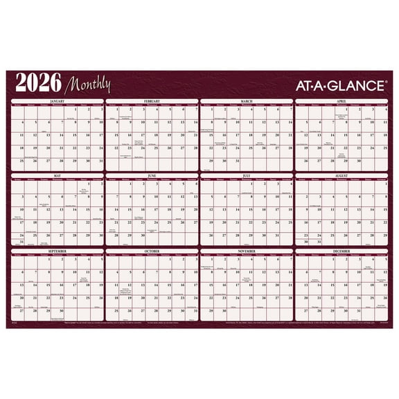 AT-A-GLANCE 2026 Horizontal Reversible Erasable Yearly Wall Calendar Red and