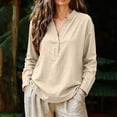 thumbnail image 2 of BODOAO Women Long Sleeve Linen Tops Pullover Lightweight Plain Blouses Fashion Outfits Henley Neck Summer Vacation Shirts Casual Top Beach Tops Soft Breathable Gauze Tops Beige L, 2 of 7
