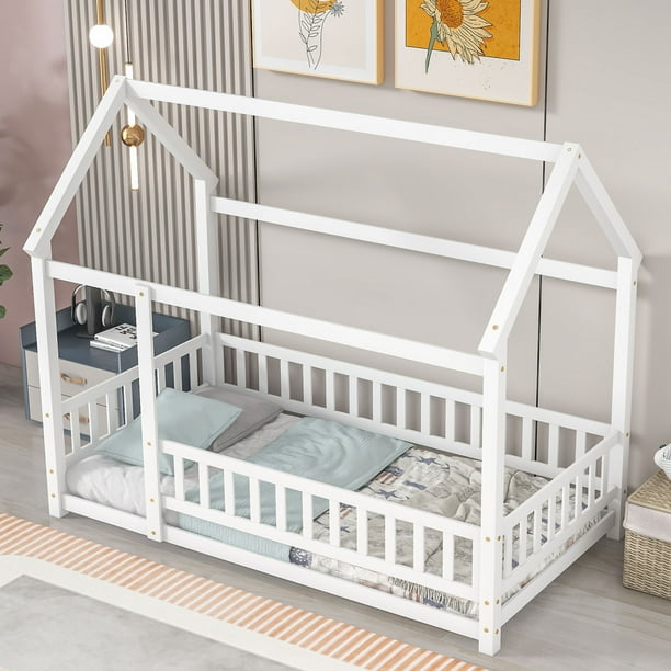 Twin Size Floor Bed with Fence Guardrails for Kids and Toddlers, Montessori Bed Playhouse Canopy