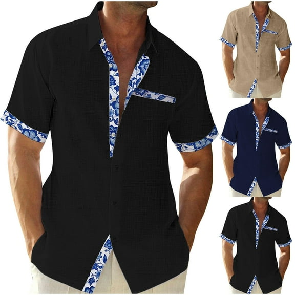 Vetsdori Mens Short Sleeve Shirts Polo Button down Dress Shirts Pockets Collar Summer Gift for Husband Floral Camisas de Hombre Casual T-Shirts for Men Cotton Linen