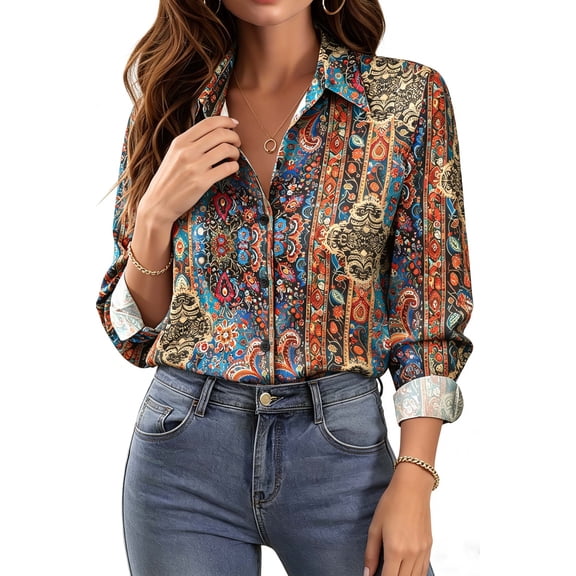 Fantaslook Womens Button Down Shirts Boho Floral Printed Long Sleeve Blouses Business Work Shirt Dressy Casual Loose Tops