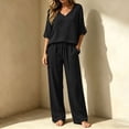 thumbnail image 5 of BRELIL Women's 2 Piece Sets Summer Wide Leg Pants V Neck Short Sleeve Tops Casual Lounge Matching Sets Solid Boho Vacation Travel Outfits Loose Tracksuit, Black 2XL, 5 of 6