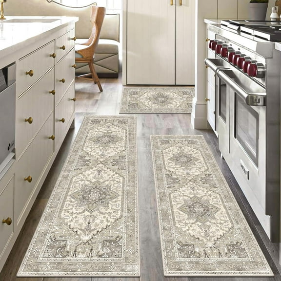 Boho Washable Kitchen Rugs Sets of 3, Non Slip Kitchen Mats for Floor with Rubber Backing, Waterproof & Stain Resistant Carpet Runner Throw Rug for Kitchen, Laundry Room, Hallway, Beige Brown