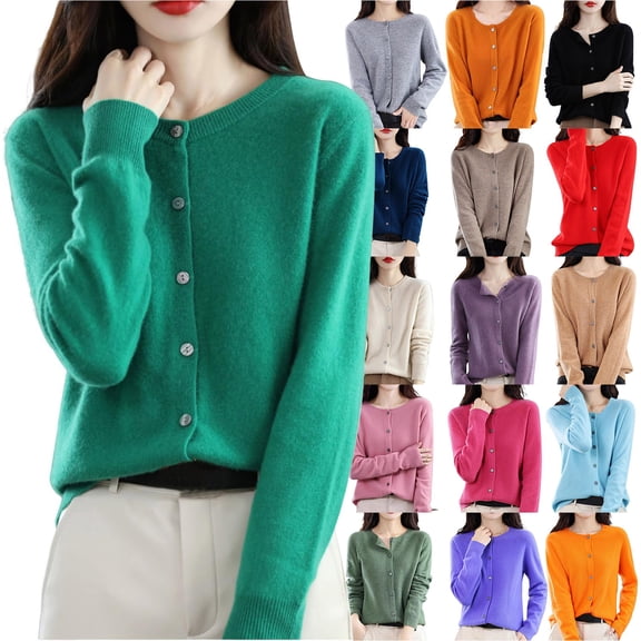 Women's Long Sleeve Button Down Crew Neck Classic Sweater Knit Cardigan Camel L