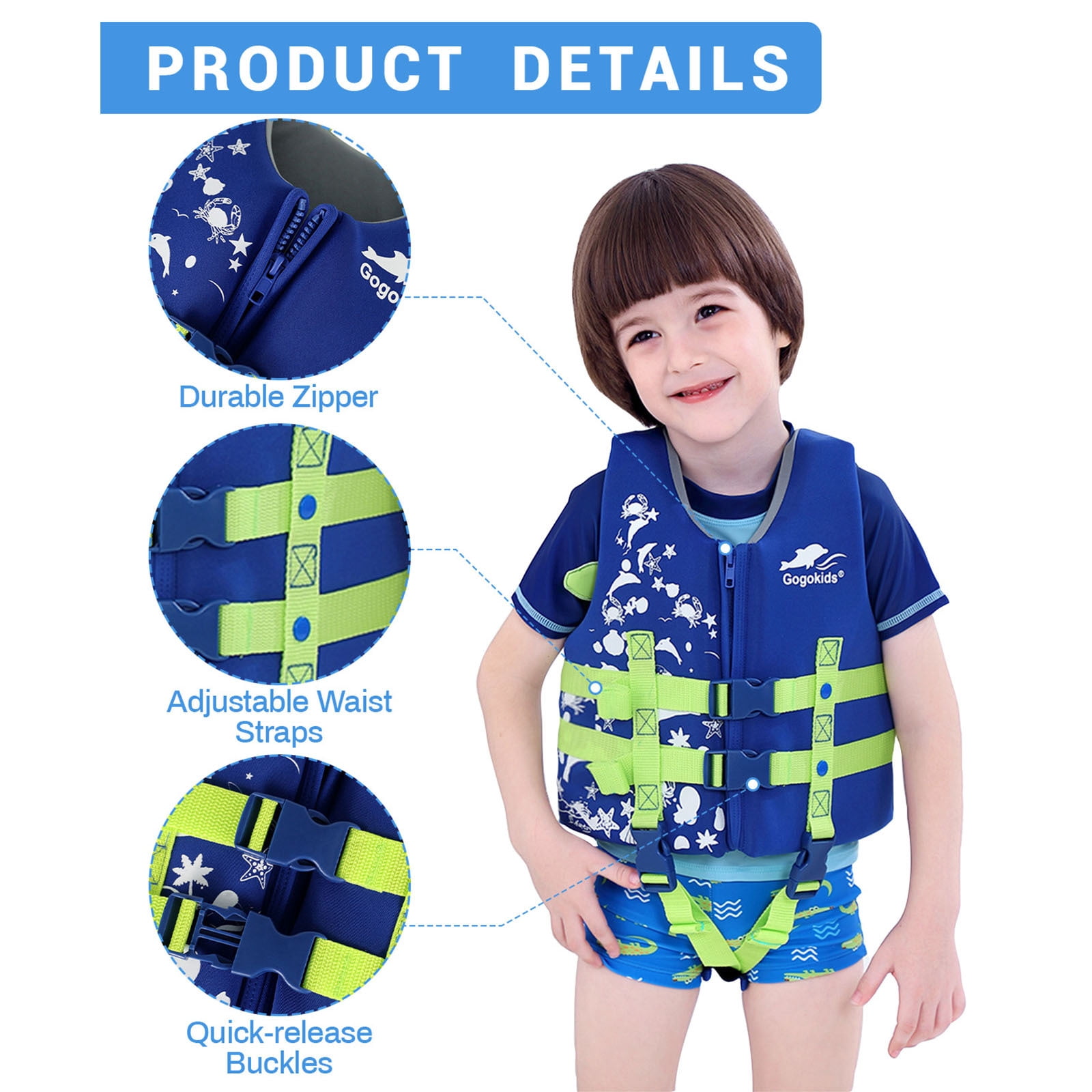 Kids Swim Vest Life Jacket - Boys Girls Float Swimsuit Buoyancy Swimwear 30 to 50 lbs, Blue