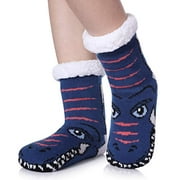 Angle View: TRUEHAN Kids Boys Girls Fuzzy Slipper Socks Cute Animal Super Soft Fluffy Warm Sherpa lining Non Skid Winter Indoor Socks (Dark Blue Dinosaur, 8-12 Years)