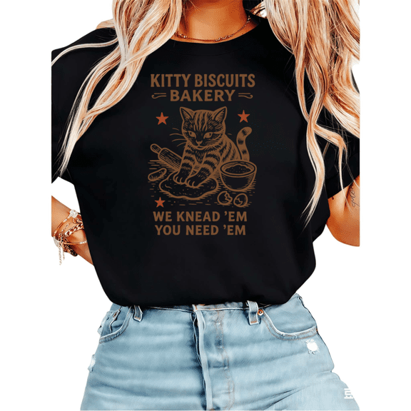 Women Kitty Biscuits Bakery Cat Graphic Tees Cotton Crew Neck Printed T Shirt Tops Black S-5XL