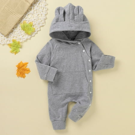 

ZXHACSJ Newborn Infant Baby Boys Girls Solid Rabbit s Ears Thick Hooded Romper Jumpsuit Gray 90