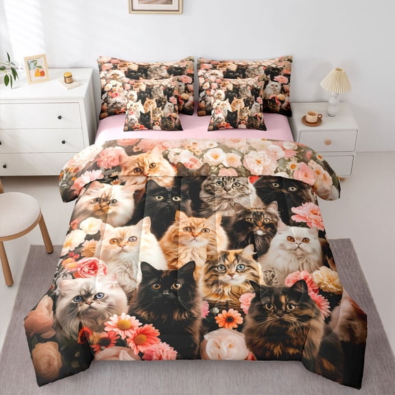 Castle Fairy Cute Cats Bedding Comforter Set,Cartoon Floral Animal Queen Bedding Sets