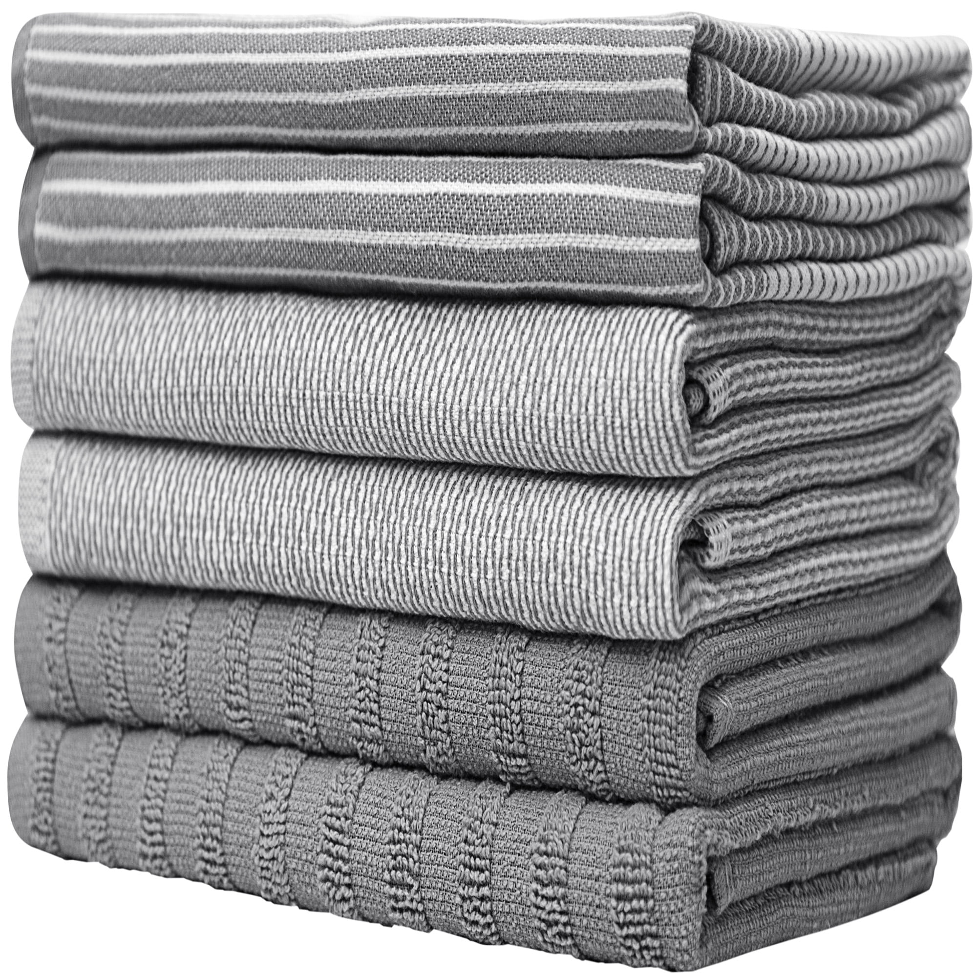 CRAFTSWORTH Kitchen Towels, 15 x 26 Inches, Pack of 6, 400 GSM, 100% Ring  Spun Cotton, Solid & Stripe Grey Dish Towels Super Soft and Absorbent, Tea