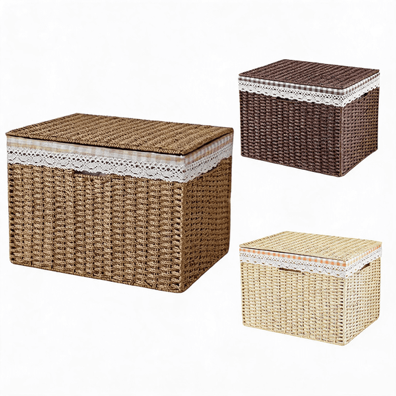 Kdkad 12x8x6in Storage Bins with Lids, Large Capacity Closet Organizer for Cloth Blanket Sheet Towel, Retro-style Storage Basket for Bedroom Shelf Living Room Entryway Laundry, Apartment Essentials