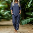 thumbnail image 4 of PRINxy Women All Match Linen Texture Two Piece Outfit Summer Crew Neck Short Sleeve Top Loose Wide Leg Pants Ladies Outdoor Leisure Daily Wear Suit Navy XL, 4 of 7