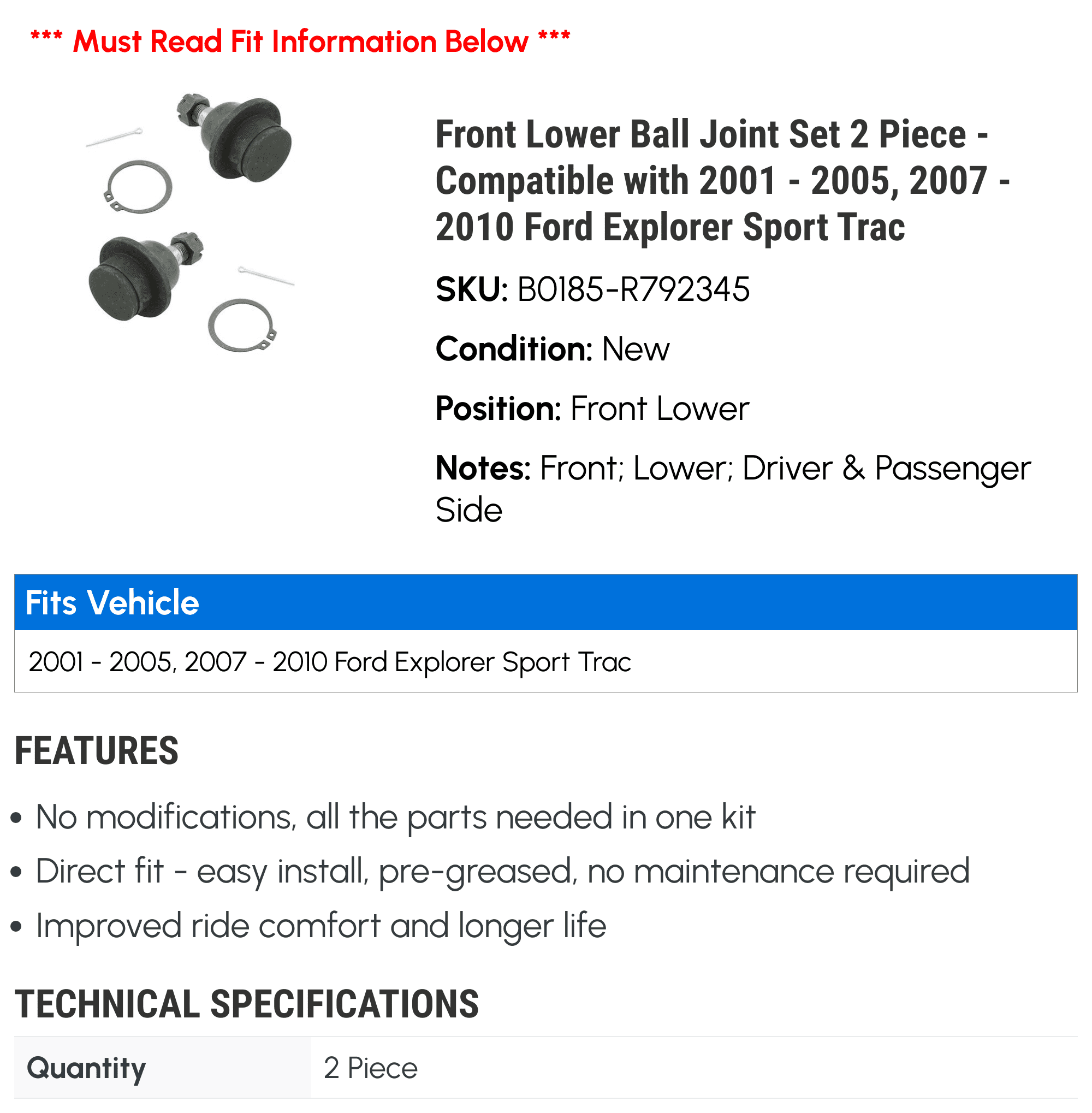 Front Lower Ball Joint Set 2 Piece - Compatible with 2001 - 2005, 2007 - 2010 Ford Explorer Sport Trac 2002 2003 2004 2008 2009